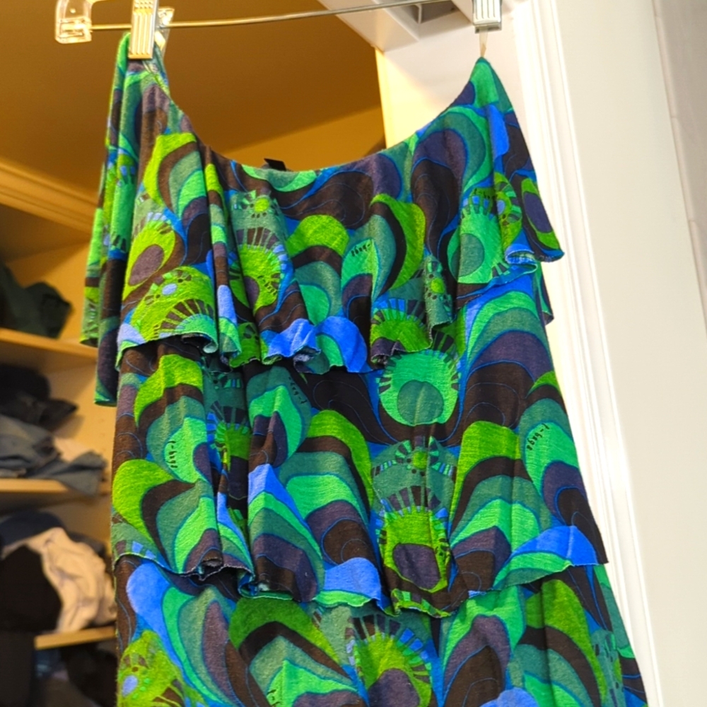 Off the shoulder dress, xs t-bags LA. Peacock colored blue and green ruffle.